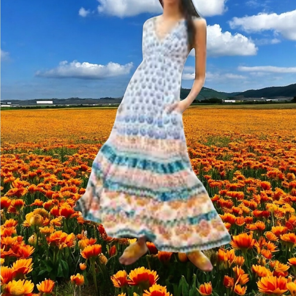 Anthropologie Blue and Orange Floral gathered Maxi Dress size XS